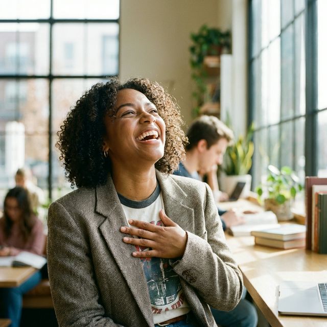 Student laughing confidently in a class setting